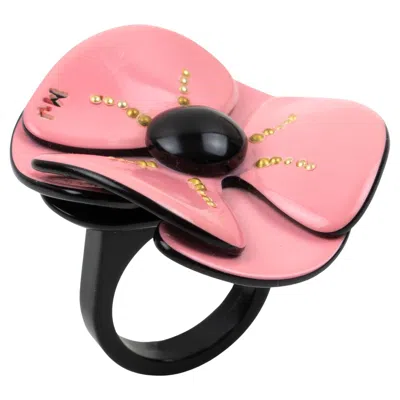 Pre-owned Marc Jacobs Pink And Black Poppy Flower Resin Fashion Ring Size 5.5