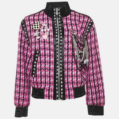 Pre-owned Marc Jacobs Pink Tweed Brooch Detail Zip -up Jacket S