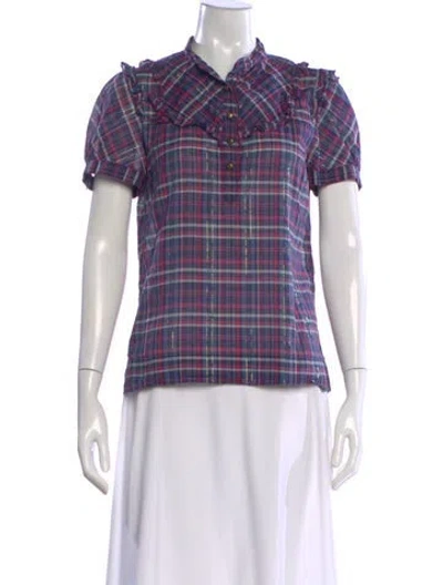Pre-owned Marc Jacobs Plaid Print Short Sleeve Blouse In Purple
