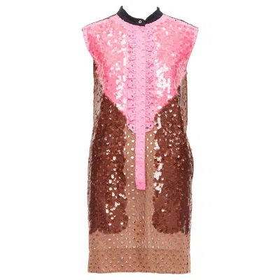 Pre-owned Marc Jacobs Rare Louis Vuitton Pink Brown Colorblock Sequins Embroidery Anglais Dress Fr34