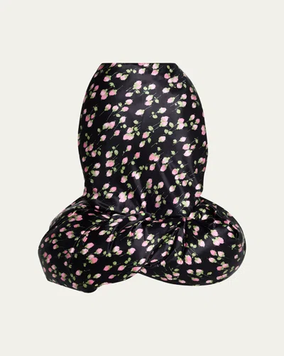 Marc Jacobs Rose Print Satin Bubble Hem Skirt In Black