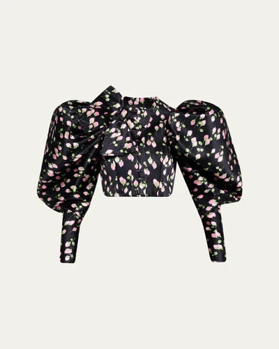 Marc Jacobs Rose-print Satin Bow Balloon-sleeve Crop Jacket In Black
