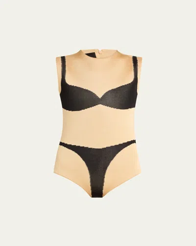 Marc Jacobs Runway Bikini Print Bodysuit In Creme Black