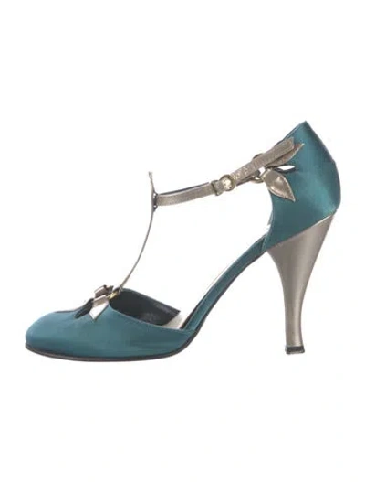Pre-owned Marc Jacobs Satin Leather Trim Embellishment T-strap Pumps In Blue