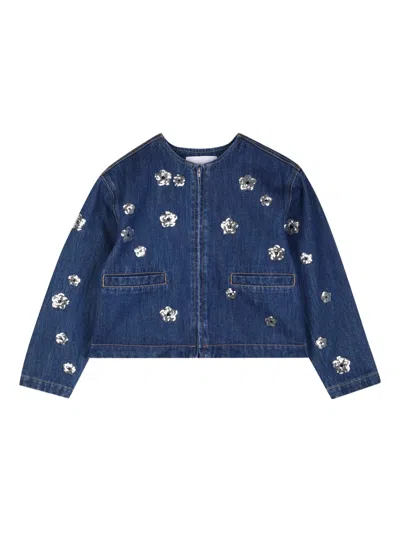 Marc Jacobs Sequin Embellished Round Neck Jacket With Front Zip And Pockets In Blue