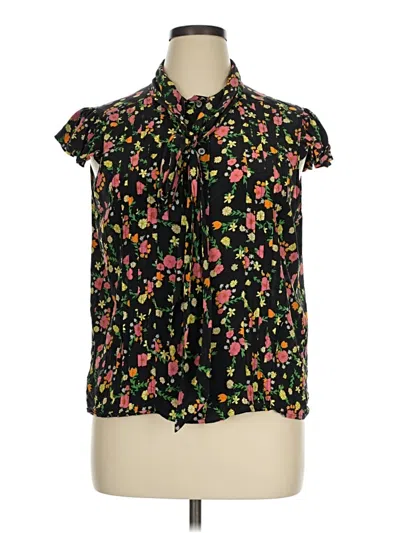 Pre-owned Marc Jacobs Short Sleeve Silk Top Black Floral Pattern Tie Neck Tops
