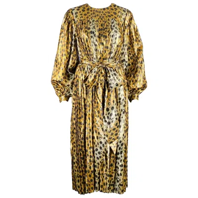 Pre-owned Marc Jacobs Size 0 Gold Black Silk Metallic Animal Print Pleated Dress
