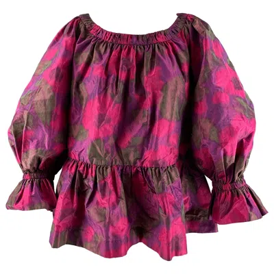 Pre-owned Marc Jacobs Size 12 Purple Pink Silk Print Flared Blouse