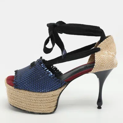 Pre-owned Marc Jacobs Size 38 Metallic Blue/black Cord And Leather Platform Sandals In Silver