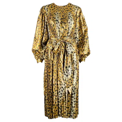 Pre-owned Marc Jacobs Size 4 Gold Black Silk Metallic Animal Print Pleated Dress