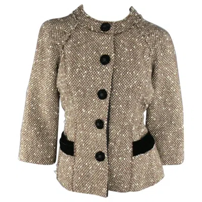 Pre-owned Marc Jacobs Size 4 Light Brown & Cream Wool Tweed & Black Velvet Jacket In White