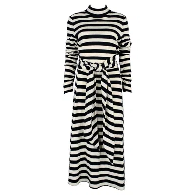 Pre-owned Marc Jacobs Size 6 Black White Wool Nylon Stripe Belted Dress