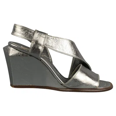 Pre-owned Marc Jacobs Size 7 Silver Leather Wedge Nickel Sandals