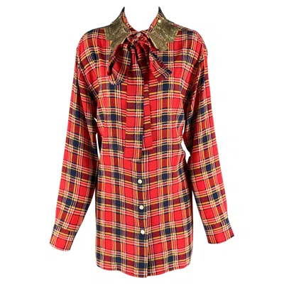 Pre-owned Marc Jacobs Size 8 Red Yellow/blue Silk Plaid Long Shirt