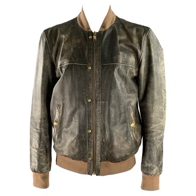 Pre-owned Marc Jacobs Size Xxl Black Tan Distressed Leather Bomber Coat