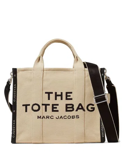 Marc Jacobs 'small Tote' Beige Tote With Contrasting Logo Embroidery In Cotton And Polyester Woman  In Neutral