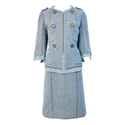 Pre-owned Marc Jacobs Spring 2005 Size 8 Blue Green Fantasy Tweed Wool Skirt Suit