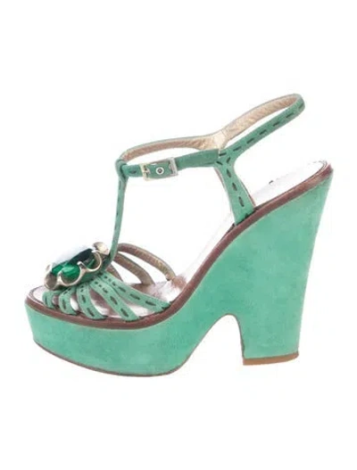 Pre-owned Marc Jacobs Suede Crystal Embellishments T-strap Sandals In Green