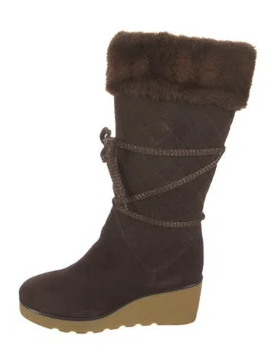 Pre-owned Marc Jacobs Suede Faux Fur Trim Lace-up Boots In Brown