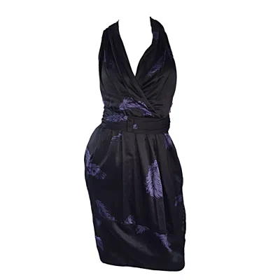 Pre-owned Marc Jacobs Sz 8 Black Purple Peacock Feather Print Cut Out Back Racerback Dress