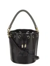 Marc Jacobs The Leather Bucket Black Handbag With Drawstring And Front Logo In Hammered Leather In Black