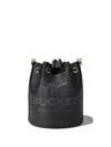 Marc Jacobs The Leather Bucket Black Handbag With Drawstring And Front Logo In Hammered Leather