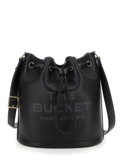 Marc Jacobs 'the Bucket' Black Crossbody Bag With Embossed Logo On The Front In Hammered Leather Woman
