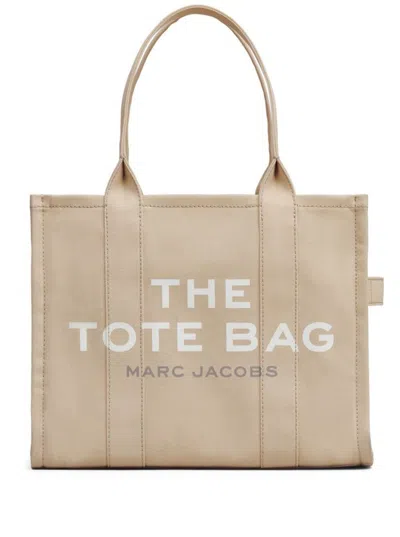 Marc Jacobs 'the Large Tote' Beige Shoulder Bag With Contrasting Logo Print In Cotton Black Woman