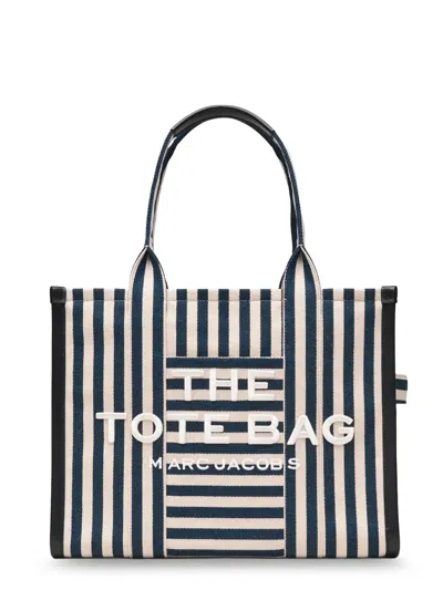 Marc Jacobs The Large Tote Canvas Handbag With Front Embroidered Logo In Blue