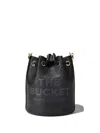 Marc Jacobs The Leather Bucket Black Handbag With Drawstring And Front Logo In Hammered Leather