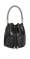 Marc Jacobs The Leather Bucket Black Handbag With Drawstring And Front Logo In Hammered Leather In Black