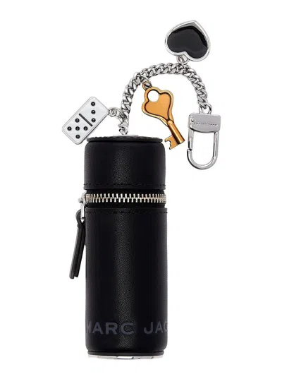 MARC JACOBS 'THE LIPSTICK CASE CHARM' BLACK KEYCHAIN WITH PENDANTS AND LOGOED LIPSTICK HOLDER IN LEATHER AND BRA