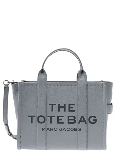 Marc Jacobs The Medium Tote Bag Grey Shoulder Bag With Logo In Grainy Leather Woman In Blue