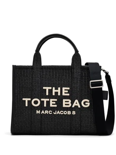Marc Jacobs Medium Black Raffia Tote Handbag With White Logo For Women
