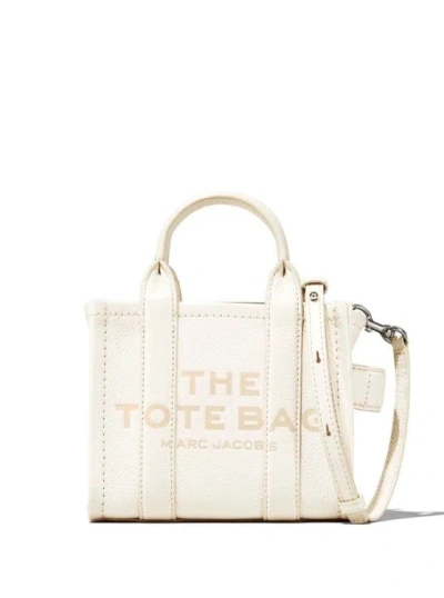 Marc Jacobs The Micro Tote Bag' White Shoulder Bag With Logo In Grainy Leather In Neutrals