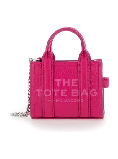 Marc Jacobs The Nano Tote Bag Fuchsia Key-chain With Embossed Logo In Hammered Leather Woman In Pink