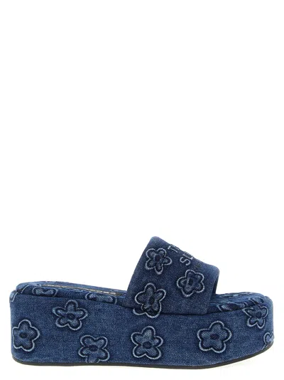 MARC JACOBS THE PUFFY DAISY DENIM PLATFORM SANDAL SLIDES