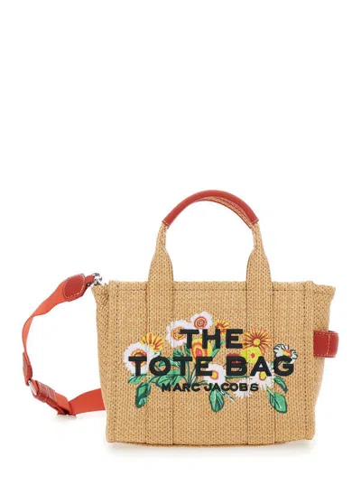 Marc Jacobs 'the Small Tote Bag' Beige Handbag With Flower Print And Embroidered Logo