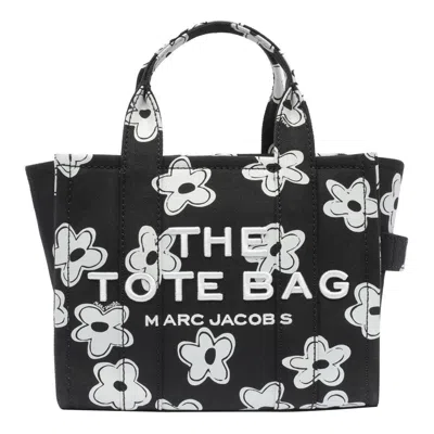 Marc Jacobs 'the Small Tote Bag' Black Handbag With All-over Flower Print And Embroidered Logo In Cotton Woman