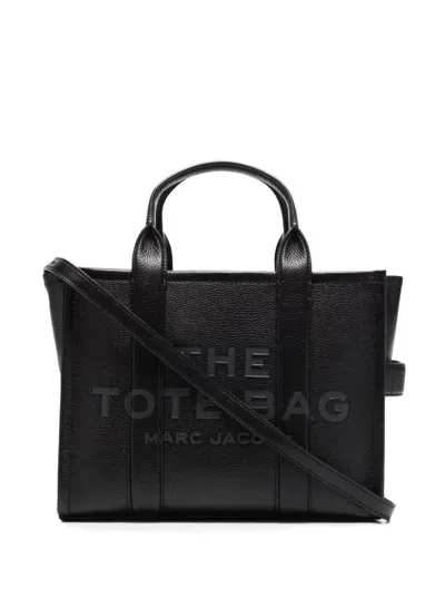 Marc Jacobs 'the Small Tote Bag' Black Shoulder Bag With Logo In Grainy Leather Woman