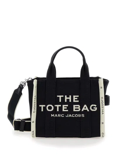 Marc Jacobs 'the Small Tote' Black Handbag With Jacquard Logo In Cotton Blend Canvas Woman