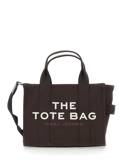 Marc Jacobs 'the Small Tote' Black Handbag With Logo Lettering On The Front In Cotton Woman In Brown
