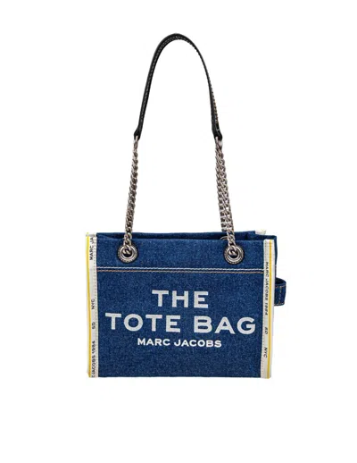 MARC JACOBS MARC JACOBS THE SMALL TOTE IN BLUE DENIM WITH EMBROIDERED LOGO