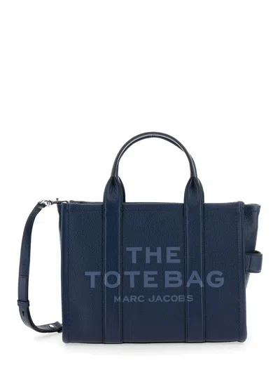 Marc Jacobs The Tote Bag Medium Blue Bag With Logo Print On The Front In Hammered Leather Woman