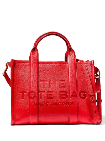 Marc Jacobs The Tote Bag Medium Red Bag With Logo In Grained Leather Woman