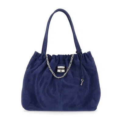 Marc Jacobs The Tote Blue Shoulder Bag With Chain Detail On The Front And Drawstring Closure In Sued