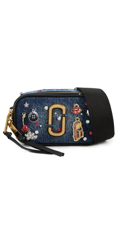 Marc Jacobs The Trinket Charm Denim Snapshot Bag Medium Wash Multi In Blue