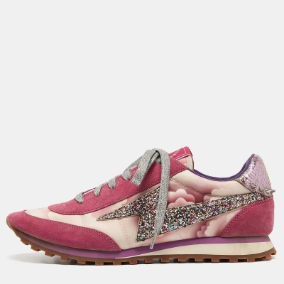 Pre-owned Marc Jacobs Tricolor Suede And Printed Fabric Astor Lightning Bolt Trainers Size 39 In Pink