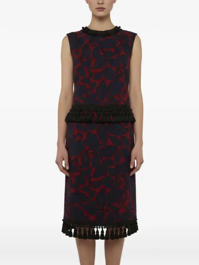 Pre-owned Marc Jacobs Vintage Leaf-print Tassel-detail Wool Midi Dress In Blue