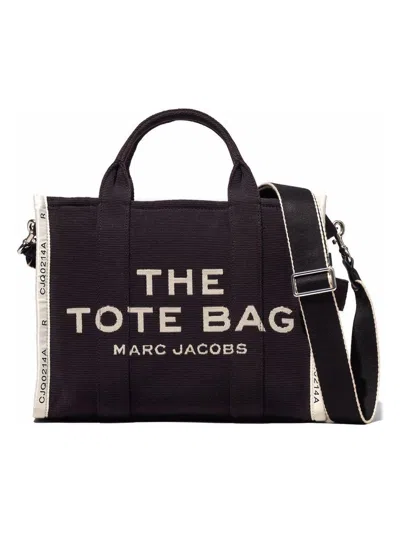 Marc Jacobs The Medium Tote Black Tote Bag With Contrasting Logo Embroidery In Cotton Blend Woman